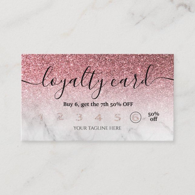 Editable loyalty card rose gold glitter marble  (Front)