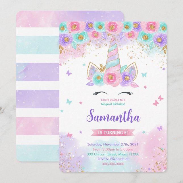 Editable Magical Unicorn Birthday Invitation  (Front/Back)
