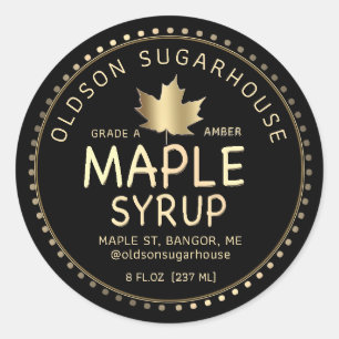 Editable Maple Syrup Gold Maple Leaf on Black Classic Round Sticker