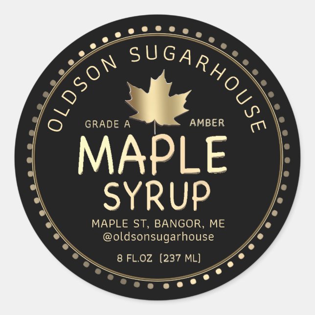 Editable Maple Syrup Gold Maple Leaf on Black Classic Round Sticker (Front)