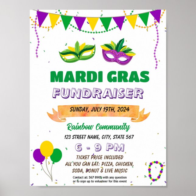 Editable Mardi Gras Fundraiser Flyer Poster (Front)