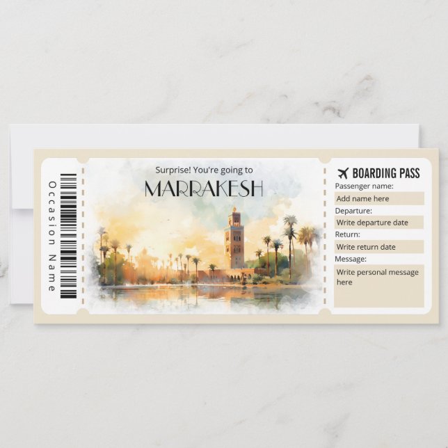 Editable Marrakesh Boarding Pass Plane ticket  Invitation (Front)