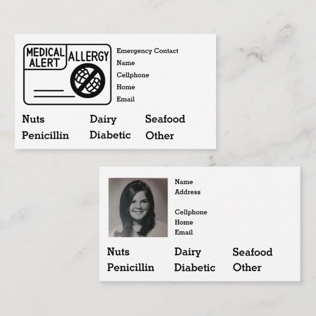 Editable Medical Alert Allergy Emergency Business Card (Front/Back)