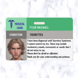 Editable Medical Alert Tourettes Syndrome  ID Badge