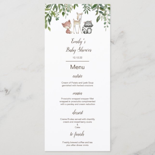 Editable Menu, Woodland Baby Shower Menu (Front)