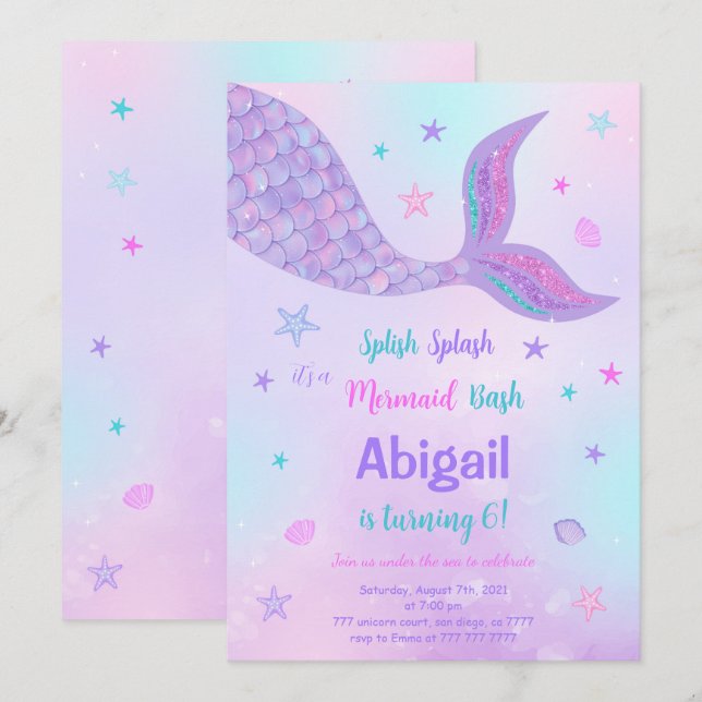 Editable Mermaid Birthday Invitation (Front/Back)