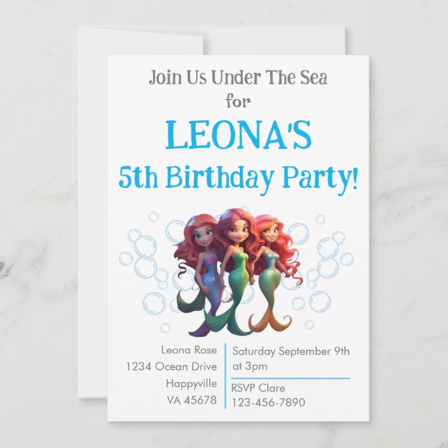 Editable Mermaid Birthday Invitation Kids Any Age (Front)