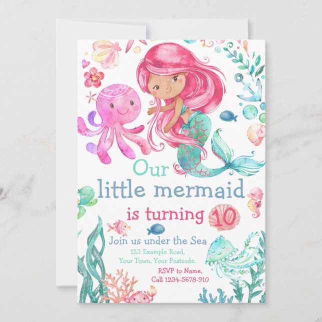 Editable Mermaid Birthday Invitation, Sea Invite (Front)