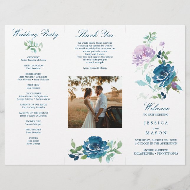 Editable Midnight Blooms Trifold Wedding Program Flyer (Front)