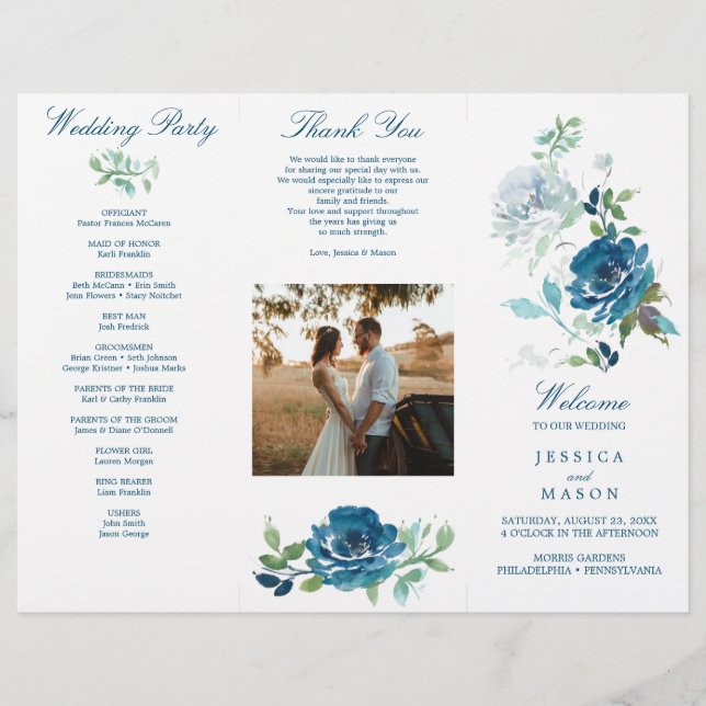 Editable Midnight Blooms Trifold Wedding Program Flyer (Front)