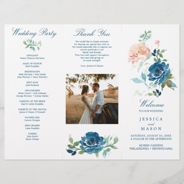 Editable Midnight Blooms Trifold Wedding Program Flyer (Front)