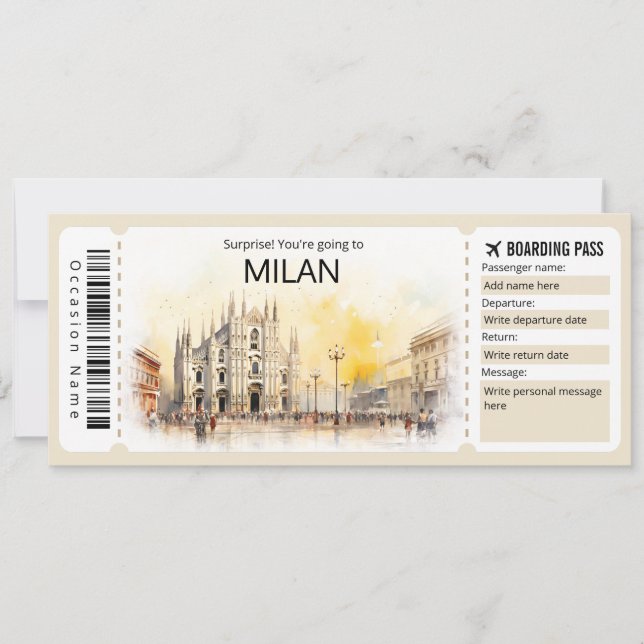 Editable Milan Boarding Pass Italia Plane ticket  Invitation (Front)