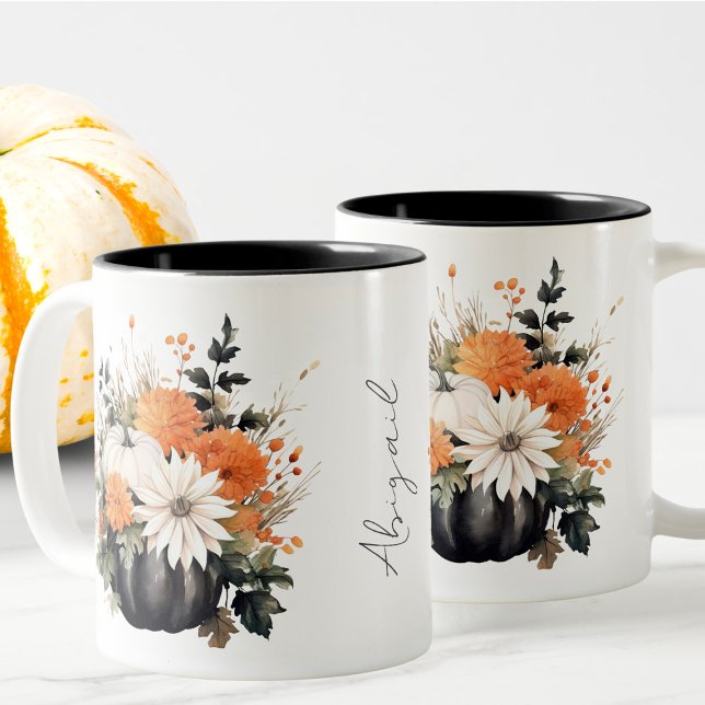 Editable Modern Cute Girly Boho Pumpkin Fall Two-Tone Coffee Mug (Creator Uploaded)