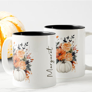 Editable Modern Cute Girly Orange Pumpkin Fall Two-Tone Coffee Mug