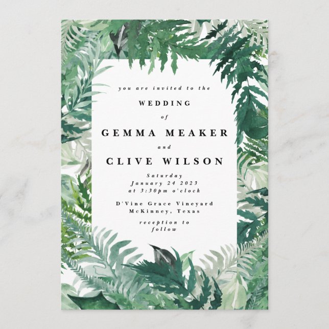 Editable Modern Leafy Greenery Watercolor Wedding Invitation (Front)