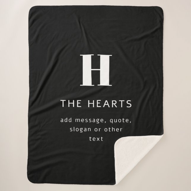 Editable Modern Monogram Name & Message | Black Sherpa Blanket (Front)