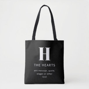 Editable Modern Monogram Name & Message Black Tote Bag