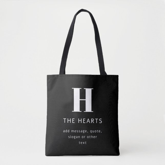 Editable Modern Monogram Name & Message | Black Tote Bag (Front)