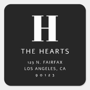 Editable Modern Return Address & Monogram   Black Square Sticker
