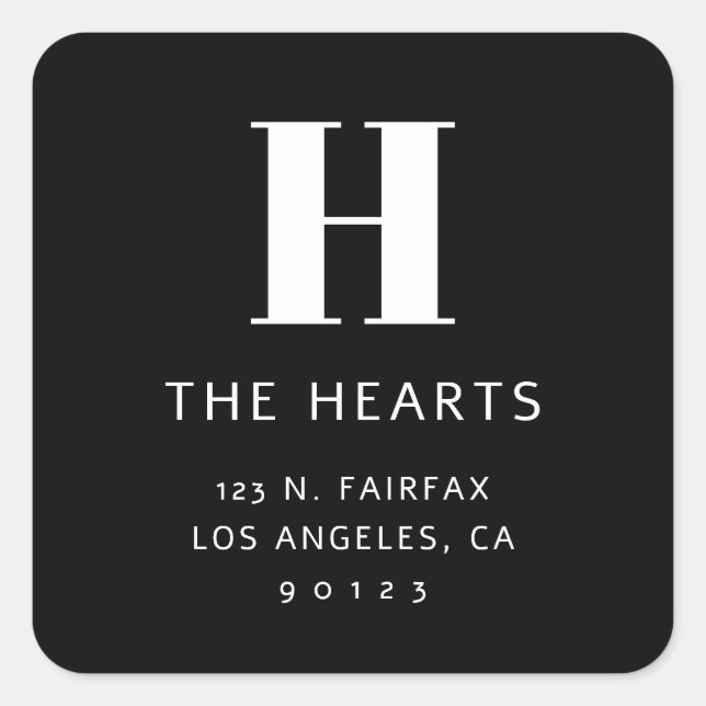 Editable Modern Return Address & Monogram | Black Square Sticker (Front)