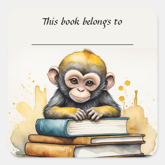 Editable Monkey and Books Bookplate Sticker (Front)