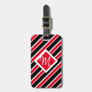 Editable - Monogram Initial Red White Black Luggage Tag