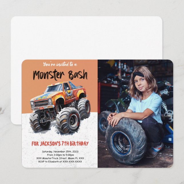Editable Monster Truck Birthday Photo  Invitation (Front/Back)
