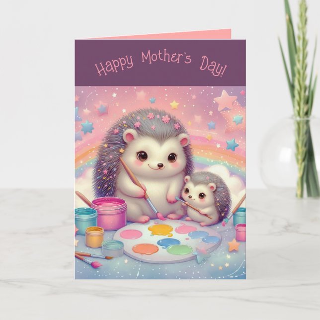 Editable Mother and Baby Hedgehogs Mothers Day Card (Front)