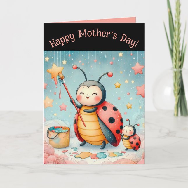 Editable Mother and Baby Ladybugs Mothers Day Card (Front)