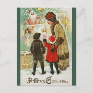 Editable Mother and Kids Store Window Christmas Postcard