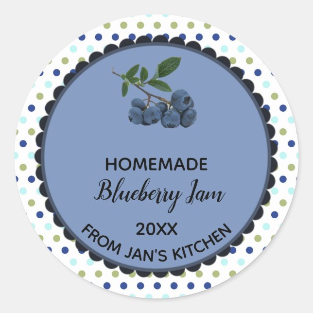 Editable Multicoloured Polk Dot Blueberry Jam Classic Round Sticker (Front)