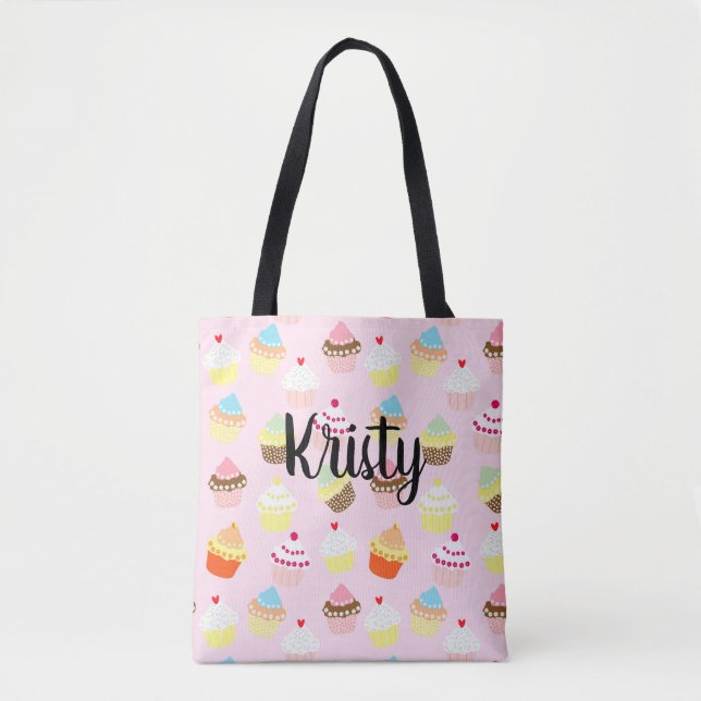 Editable Name Cute Cupcake Art Pink Tote Bag (Front)