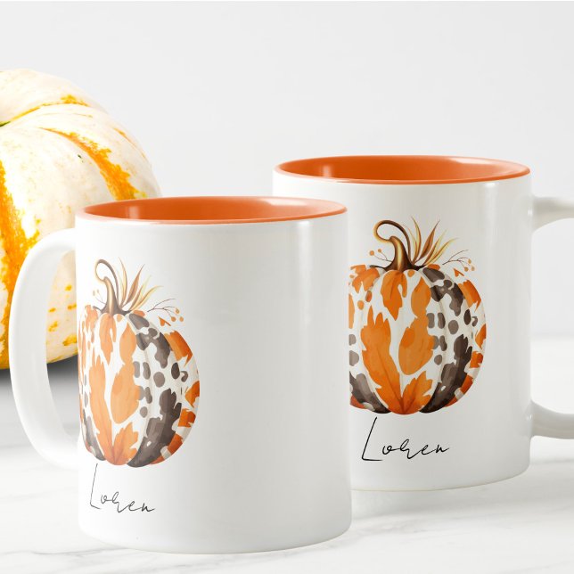 Editable Name Cute Orange Pumpkin Harvest Fall Two-Tone Coffee Mug (Creator Uploaded)