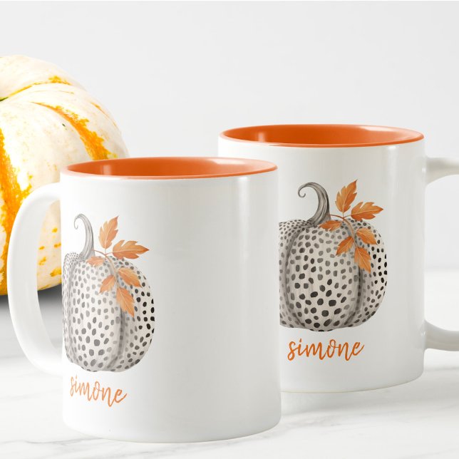 Editable Name Cute Orange Pumpkin Harvest Fall Two-Tone Coffee Mug (Creator Uploaded)