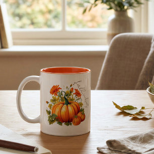Editable Name Cute Orange Pumpkin Patch Fall Two-Tone Coffee Mug