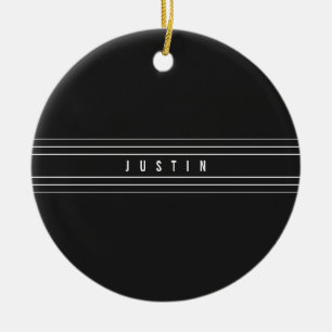 Editable Name & Geometric Stripes   Black & White Ceramic Tree Decoration