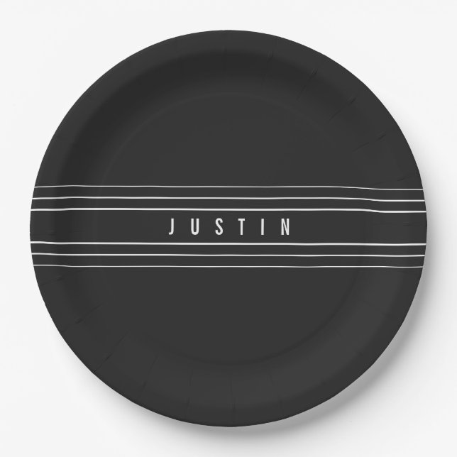Editable Name & Geometric Stripes | Black & White Paper Plate (Front)