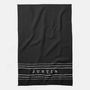 Editable Name & Geometric Stripes   Black & White Tea Towel