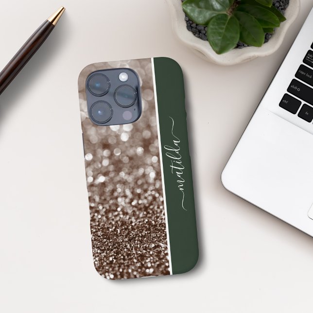 EDITABLE name Glitter Bokeh copper and deep green iPhone Case (Creator Uploaded)