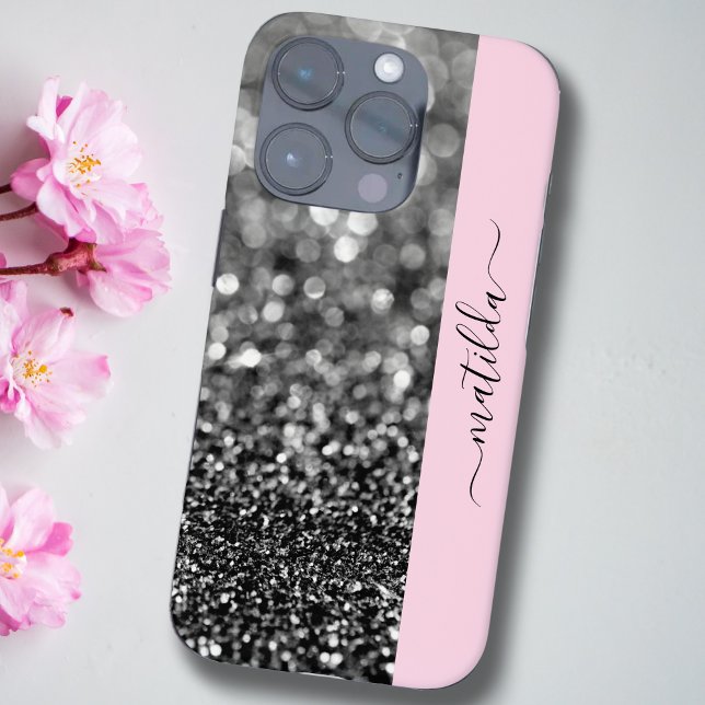 EDITABLE name Glitter Bokeh graphite & baby pink  Case-Mate iPhone Case (Creator Uploaded)