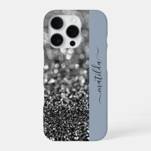 EDITABLE name Glitter Bokeh graphite & dusty blue iPhone 16 Pro Case