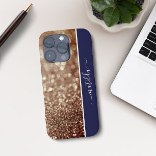 EDITABLE name Glitter Bokeh rose gold & rich blue iPhone 16 Pro Case