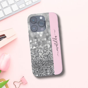 EDITABLE name Glitter Bokeh silver & baby pink iPhone 16 Pro Case