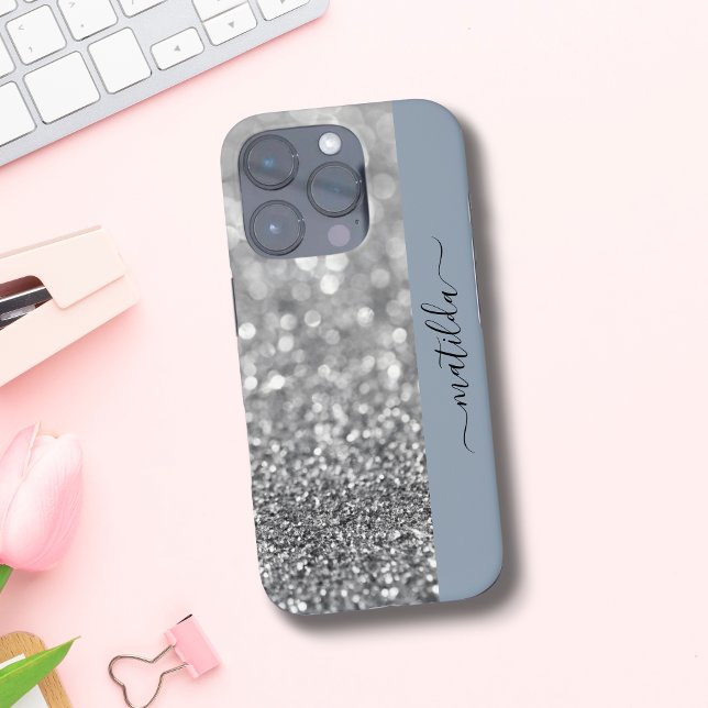 EDITABLE name Glitter Bokeh silver & dusty blue Case-Mate iPhone Case (Creator Uploaded)
