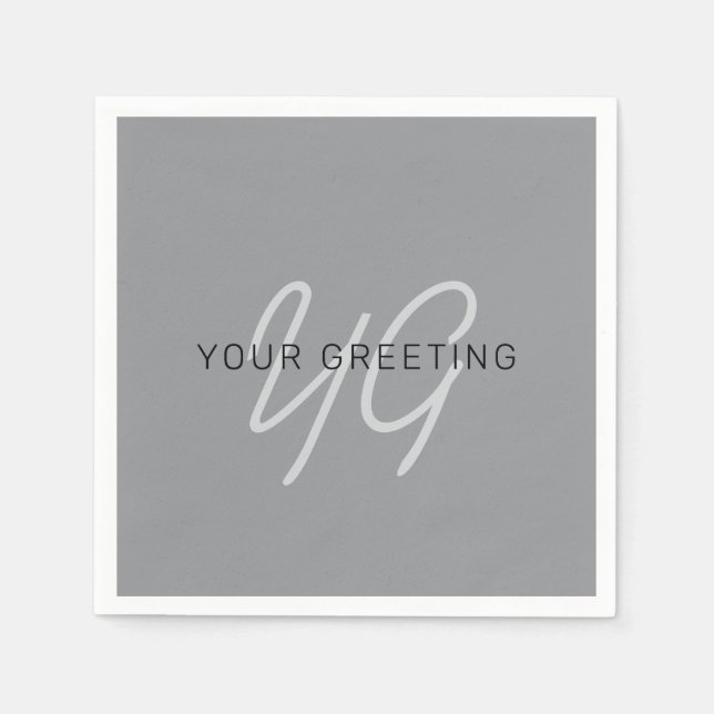 Editable Name or Greeting | Black & Dark Grey Napkin (Front)