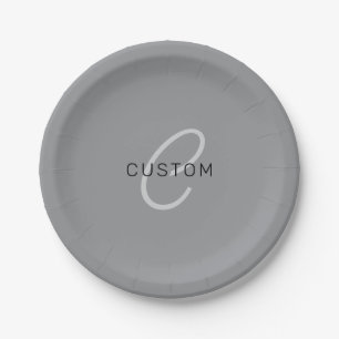 Editable Name or Greeting Black & Dark Grey Paper Plate