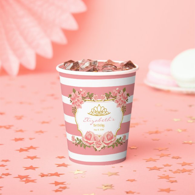 Editable Name, Pink Floral Princess Birthday Paper Cups (Insitu)