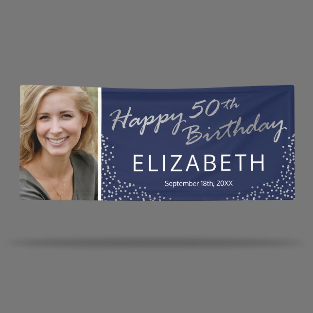 Editable Navy Blue Silver 50th Birthday Photo Banner (Creator Uploaded)