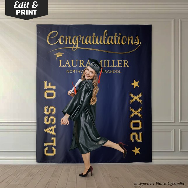 Editable Navy & Gold Graduation Photo Backdrop Tapestry (Editable Navy & Gold Graduation Photo Backdrop)