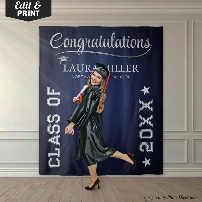 Editable Navy & Silver Graduation Photo Backdrop Tapestry (Editable Navy & Silver Graduation Photo Backdrop)